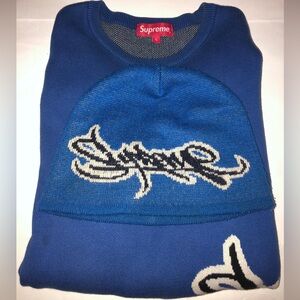Authentic Supreme Matching Set Men’s Tag Logo Royal Blue Hat And Sweater Size L